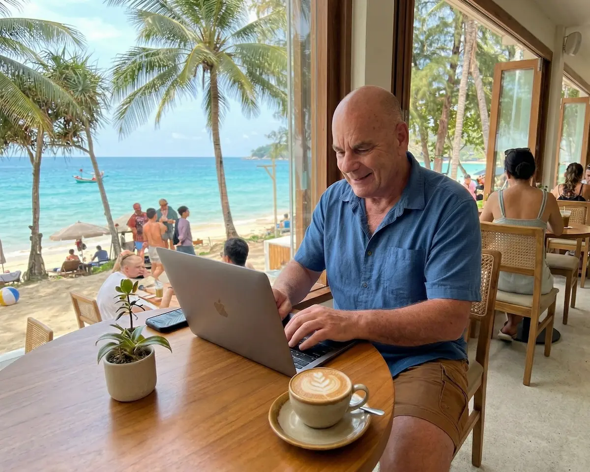 Dave Hibbins working on a laptop at a cafe in Phuket, Thailand